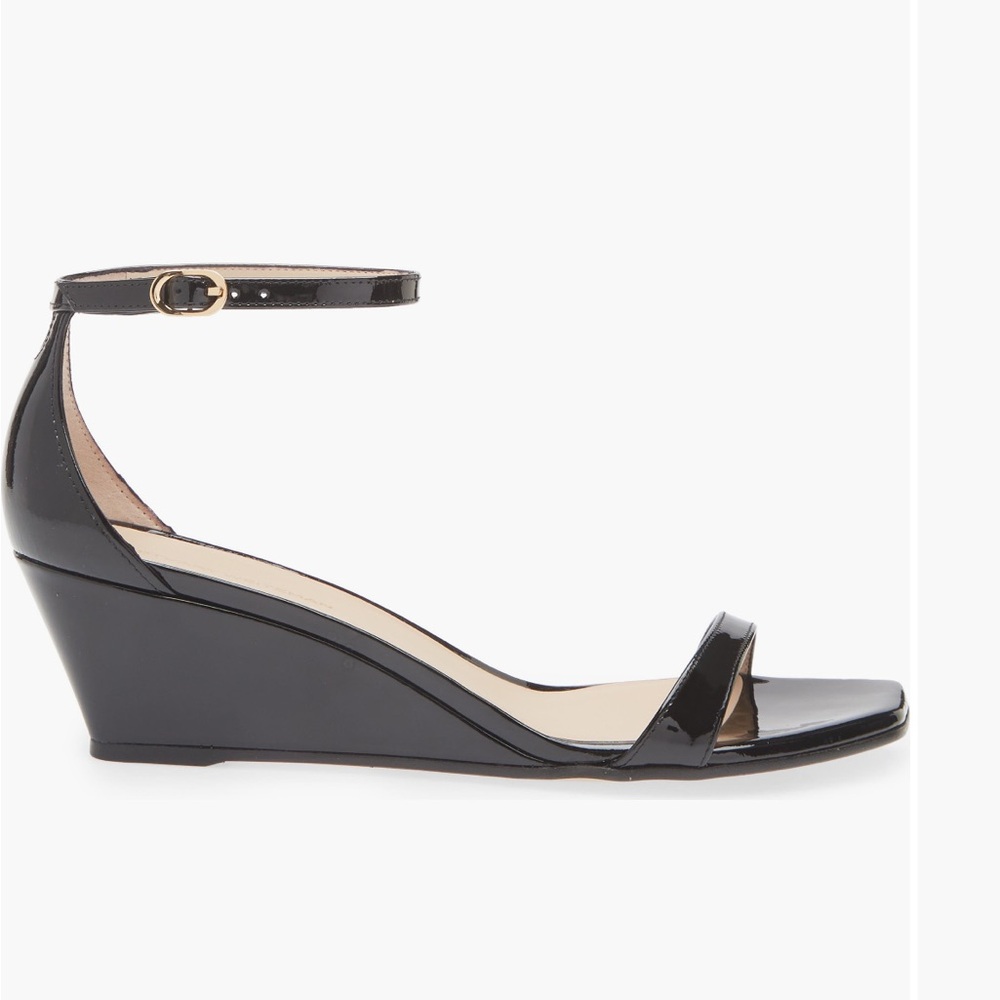 NWT Stuart Weitzman Nudistcurve 50 Black Patent Leather Wedges Sandals 7 - Picture 2 of 11
